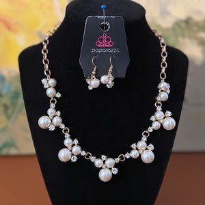 Faux Pearls & Rhinestones on Gold Tone Necklace & Earrings Set